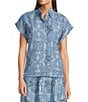 Reba Austin Bandana Print Coordinating Point Collar Short Sleeve Button Front Top, Color:Lake Bandana - Image 2