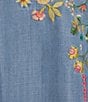 Color:Medium Wash - Image 4 - Chambray Floral Embroidered 3/4 Sleeve Tie Split V-Neck Peasant Tunic