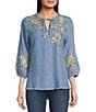Color:Medium Wash - Image 1 - Chambray Floral Embroidered 3/4 Sleeve Tie Split V-Neck Peasant Tunic