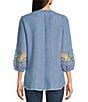 Color:Medium Wash - Image 2 - Chambray Floral Embroidered 3/4 Sleeve Tie Split V-Neck Peasant Tunic