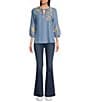 Color:Medium Wash - Image 3 - Chambray Floral Embroidered 3/4 Sleeve Tie Split V-Neck Peasant Tunic