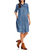 Color:Medium Wash - Image 3 - Chambray Point Collar Long Sleeve Frayed Hem Shirt Dress