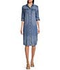 Color:Medium Wash - Image 1 - Chambray Point Collar Long Sleeve Frayed Hem Shirt Dress