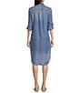 Color:Medium Wash - Image 2 - Chambray Point Collar Long Sleeve Frayed Hem Shirt Dress