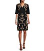 Color:Black - Image 1 - Cotton Gauze V-Neck Short Sleeve Empire Waist Embroidered Dress