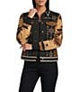 Reba Denim Faux Suede Knit Jacquard Point Collar Long Sleeve Embroidered Button Front Jacket, Color:Black Multi - Image 1