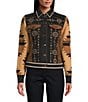 Reba Denim Faux Suede Knit Jacquard Point Collar Long Sleeve Embroidered Button Front Jacket, Color:Black Multi - Image 5