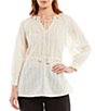 Color:Off White - Image 1 - Embroidered Lurex Woven Dobby Stripe Embellished Tie V-Neck 3/4 Sleeve Peasant Top