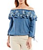 Color:Medium Wash - Image 1 - Embroidered Off-the-Shoulder Tie 3/4 Raglan Sleeve Ruffle Chambray Top