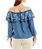 Color:Medium Wash - Image 2 - Embroidered Off-the-Shoulder Tie 3/4 Raglan Sleeve Ruffle Chambray Top