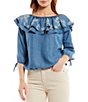 Color:Medium Wash - Image 3 - Embroidered Off-the-Shoulder Tie 3/4 Raglan Sleeve Ruffle Chambray Top