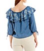 Color:Medium Wash - Image 4 - Embroidered Off-the-Shoulder Tie 3/4 Raglan Sleeve Ruffle Chambray Top