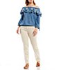 Color:Medium Wash - Image 5 - Embroidered Off-the-Shoulder Tie 3/4 Raglan Sleeve Ruffle Chambray Top