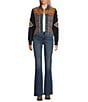 Reba Faux Suede Denim Knit Jacquard Point Collar Long Sleeve Embroidered Button Front Jacket, Color:Multi Print - Image 6