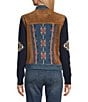 Reba Faux Suede Denim Knit Jacquard Point Collar Long Sleeve Embroidered Button Front Jacket, Color:Multi Print - Image 2