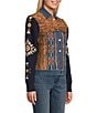 Reba Faux Suede Denim Knit Jacquard Point Collar Long Sleeve Embroidered Button Front Jacket, Color:Multi Print - Image 3