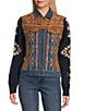 Reba Faux Suede Denim Knit Jacquard Point Collar Long Sleeve Embroidered Button Front Jacket, Color:Multi Print - Image 5