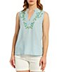Color:Light Wash - Image 1 - Floral Embroidered V-Neck Sleeveless High-Low Hem Chambray Top