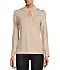 Color:Champagne - Image 1 - Gabrielle Rhinestone Embellished Ribbed Mock Neck Keyhole Long Sleeve Sweater
