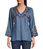 Color:Medium Wash - Image 1 - Hailey Chambray Floral Embroidered V-Neck Tunic