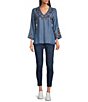Color:Medium Wash - Image 3 - Hailey Chambray Floral Embroidered V-Neck Tunic