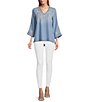 Color:Med Wash - Image 3 - Hailey Chambray Floral Embroidered V-Neck Tunic