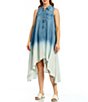 Color:Ombre Chambray - Image 1 - Kate Ombre Chambray Point Collar Sleeveless High-Low Sharkbite Hem Pocketed Waistless Midi Dress