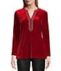 Color:Red - Image 1 - Long Sleeve Embroidered Split V-Neck Stud Embellished Velvet Tunic