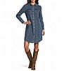 Reba Mesa Stretch Denim Point Collar Long Sleeve Shirt Dress, Color:Dark Vintage - Image 1