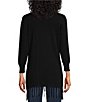 Color:Black - Image 2 - Monica Cowl Neck 3/4 Sleeve High-Low Hem Faux-Wrap Fringe Sweater