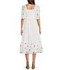 Color:White Multi - Image 2 - Off-The-Shoulder Short Sleeve Smocked Back Floral Embroidered A-Line Midi Dress