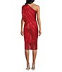 Color:Red - Image 2 - One Shoulder Draped Fringe Sequined Mesh Sheath Dress