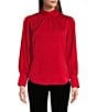 Color:Red - Image 1 - Pleated Mock Neck Long Volume Sleeve Satin Blouse