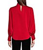 Color:Red - Image 2 - Pleated Mock Neck Long Volume Sleeve Satin Blouse