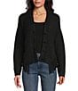 Reba Sage Knit V-Neck Asymmetrical Fringe Long Sleeve Button Down Cardigan, Color:Black - Image 1