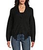 Reba Sage Knit V-Neck Asymmetrical Fringe Long Sleeve Button Down Cardigan, Color:Black - Image 2