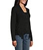 Reba Sage Knit V-Neck Asymmetrical Fringe Long Sleeve Button Down Cardigan, Color:Black - Image 4