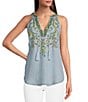 Color:Multi - Image 1 - Sleeveless Floral Embroidered Chambray Top