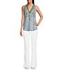 Color:Multi - Image 3 - Sleeveless Floral Embroidered Chambray Top