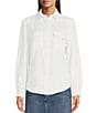 Color:White - Image 1 - Tencel Western Style Chambray Long Sleeve Button Front Shirt