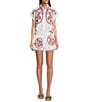 Reba Top Amber Textured Woven Coordinating Point Collar Short Sleeve Paisley Embroidered Top, Color:White - Image 3