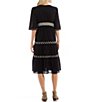 Color:Black - Image 2 - V-Neck 3/4 Sleeve Embroidered Midi Dress