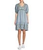 Color:Multi - Image 1 - V-Neck Floral Embroidered Puff Sleeve Chambray Dress