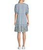 Color:Multi - Image 2 - V-Neck Floral Embroidered Puff Sleeve Chambray Dress