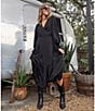 Color:Black - Image 6 - V-Neck Plisse Satin V-Neck Smocked Sleeve Tiered Wrap Dress