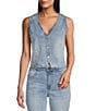 Color:Medium Wash - Image 1 - V-Neck Sleeveless Button Front Denim Vest