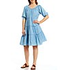 Color:Chambray - Image 1 - Yarn Dye Woven Scoop Neck Short Elbow Puff Sleeve Tiered Smocked A-Line Dress