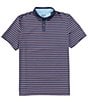 Color:Navy/Hydrangea Micro Stripe - Image 1 - Performance Stretch Golf Sport Stripe Short Sleeve Polo Shirt