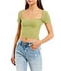 Color:Pale Olive - Image 1 - Coordinating Ribbed Short Sleeve Sweetheart Neck Pull-On Top