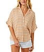 Color:Light Brown - Image 1 - Premium Surf Checked Button-Front Short Sleeve Relaxed Shirt